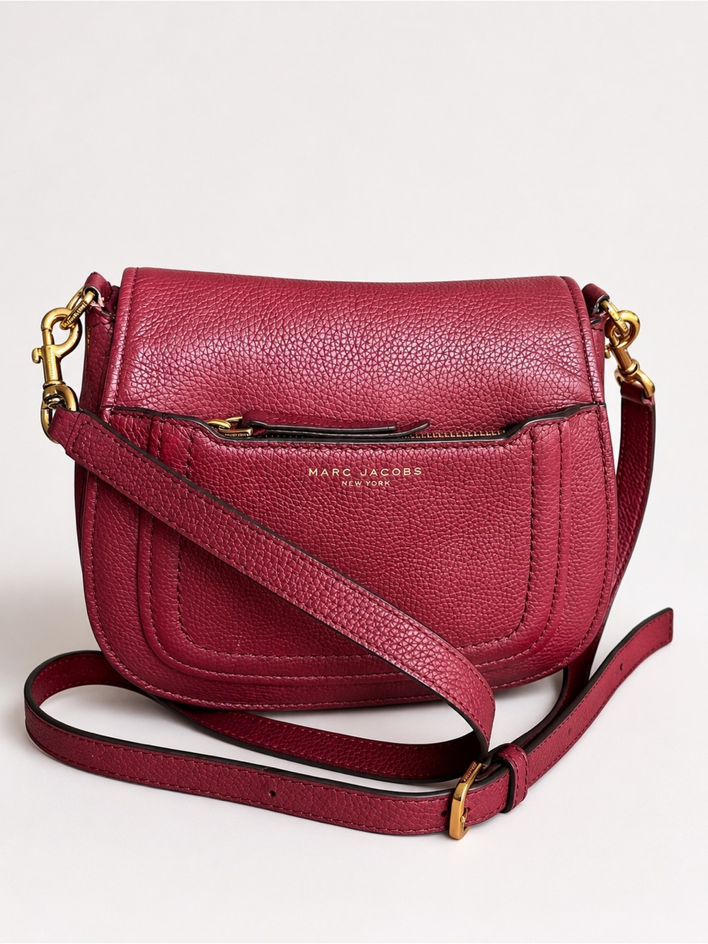 Marc Jacobs Empire City Leather Crossbody Saddle Bag Burgundy Pebbled Gold